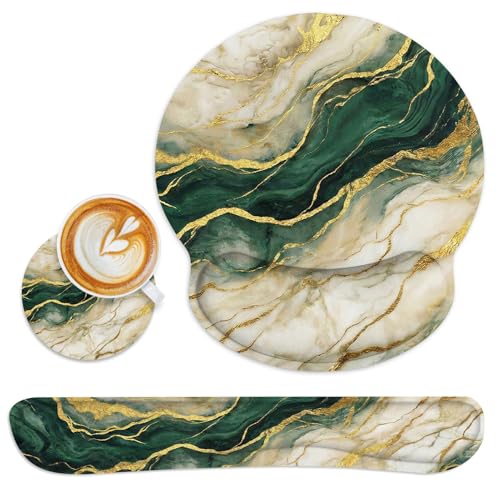 Ergonomic Mouse Pad Set with Wrist Rest, Gold Green Marble | Abstract Non-Slip Rubber Base Wrist Cushion Support and Coasters Mousepad with Wrist Support for Computer Keyboard - color: Gold Green Marble