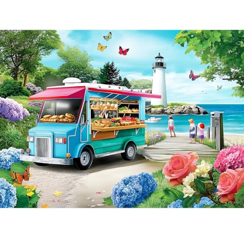 300 Pieces Puzzles for Adults,Large Pieces Beach Puzzle for Kids Teens Seniors,Funny Coastal Lighthouse Food Truck Jigsaw Puzzle for Kids Ages 8-10 10-12,Summer Seaside Puzzles Family Game Nights - style: Beach