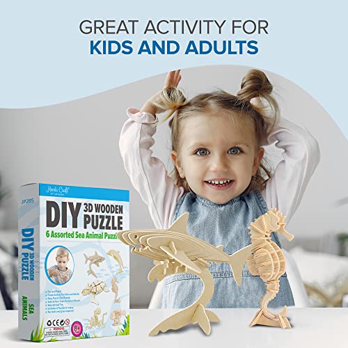 Hands Craft DIY 3D Wooden Puzzle – 6 Assorted Sea Animals Bundle Pack Set Brain Teaser Puzzles Educational STEM Toy Adults and Kids to Build Safe and Non-Toxic Easy Punch Out Premium Wood JP2B5 - color: Sea Animals