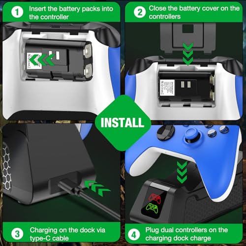 Charger Station for Xbox One Controller Rechargeable Battery Packs for Xbox, 2x4800mWh Rechargeable Batteries for Xbox Series X/S&One/S/X/Elite Controller Charging Dock-4 Battery Covers