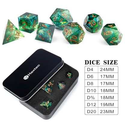 Haxtec Sharp Edge DND Dice Set, Holographic Resin Polyhedral RPG Dice | Green D&D Dice for Role Playing Games, Compatible with Dungeons and Dragons, Handmade 7-Die with Metal Case, TTRPG Gifts - color: Green Gold