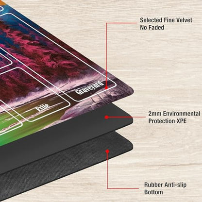 Board Game Mat TCG Playmat Plus 50 Pcs Card Sleeves, 24 x 14 inches Table Mats Games Mousepad with Zones Smooth Surface for MTG RPG CCG Trading Card Game Play Mats, Art Mountain Lake - color: Art Mountain Lake, size: Zone 1