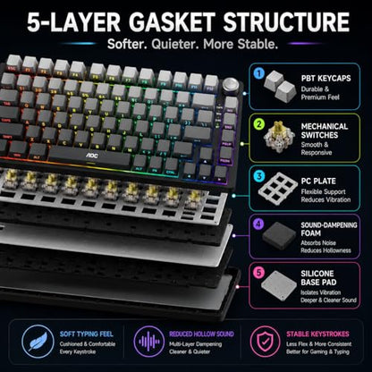 AOC GK330 75% Wireless Mechanical Gaming Keyboard, Hot-Swappable 3-Mode RGB | BT/2.4GHz/USB-C Connectivity, Pre-Lubed Reaper Switches, Anti-Ghosting, Gasket Mount and 5-Layer Sound-Dampening Padding