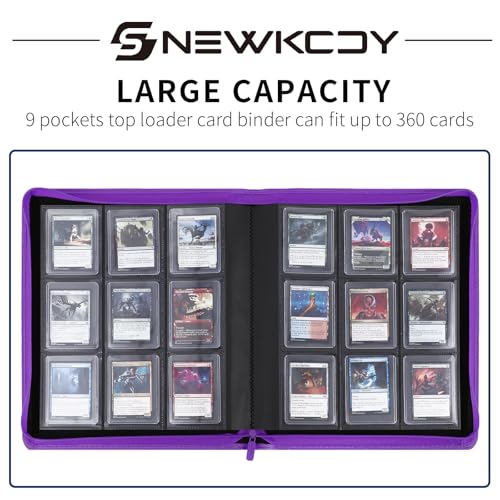 Snekdy Top loader Binder, 9 Pockets Top Loader，Holds 360 Top Loaders cards, Card binder with Sleeves for card in 3 x 4 inches color smooth Zipper PU Leather (Purple) - color: Purple