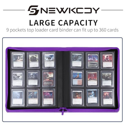 Snekdy Top loader Binder, 9 Pockets Top Loader，Holds 360 Top Loaders cards, Card binder with Sleeves for card in 3 x 4 inches color smooth Zipper PU Leather (Purple) - color: Purple