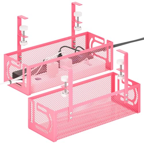 Under Desk Cable Management Tray, 15.7'' No Drill Steel Desk Cable Organizers, Wire Management Tray Cable Management Rack (2 Pack-Pink) - color: 2 Packs-15.7"-Pink