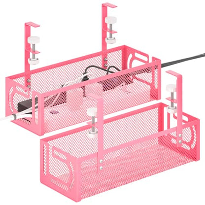 Under Desk Cable Management Tray, 15.7'' No Drill Steel Desk Cable Organizers, Wire Management Tray Cable Management Rack (2 Pack-Pink) - color: 2 Packs-15.7"-Pink