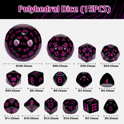 Civaner 15 Pcs Complete Polyhedral Dice Set D3-D100 Spherical RPG Dice Set in Opaque Black, 100 Sides for Role Playing Table Games Party Supplies(Black and Purple) - color: Black and Purple