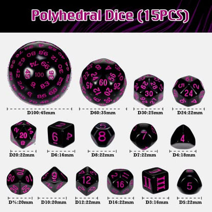 Civaner 15 Pcs Complete Polyhedral Dice Set D3-D100 Spherical RPG Dice Set in Opaque Black, 100 Sides for Role Playing Table Games Party Supplies(Black and Purple) - color: Black and Purple