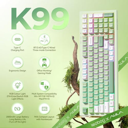 LEOBOG X Aula Green Keyboard Wireless Gaming Keyboard Creamy Silent | 98 Keys,Quiet,RGB Backlit,2000mAh Computer Keyboards Membrane Creamy Keyboard with Number Pad,Tri-Mode BT/2.4GHz/USB-C - color: Green