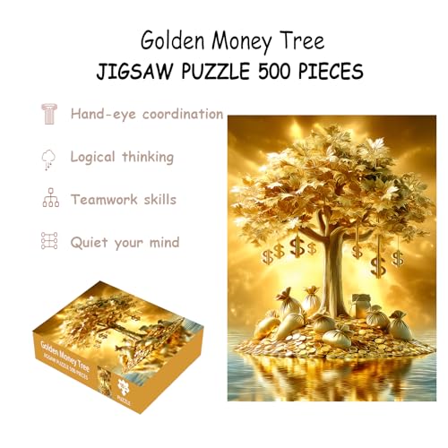 Puzzles for Adults 500 Pieces, Fortune Tree Jigsaw Puzzles - Golden Money Tree, Impossible Money Puzzle for Seniors Families,20.47x14.96 inches, 1:1 Poster, Letter on The Back - style: Golden Money Tree