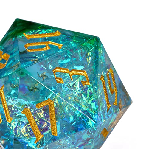 Cusdie Single D20 DND Dice with Sharp Edges and Glitter Foil Inclusions, 20 Sided D&D Dice, 33mm Handcrafted Polyhedral Dice, for Role Playing Game (Aqua) - color: Aqua Blue