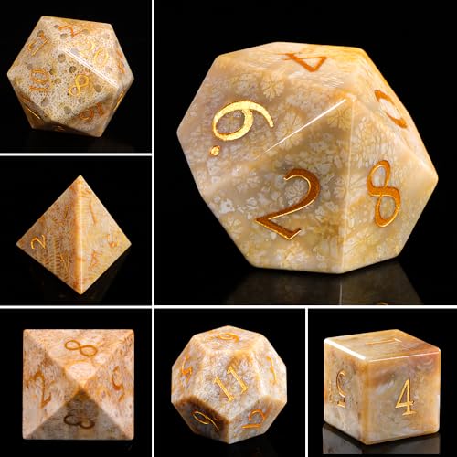 Natura Chrysanthemum Stone Dice Set, 7-Piece Handcrafted Polyhedral Dice with Gold Engraving, Ideal for D&D, RPG, MTG & Tabletop Games, Gift Box Included (Chrysanthemum Stone) - color: Chrysanthemum Stone