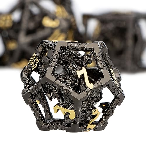 ARUOHHA Hollow DND Dice Set Black Gold 5-Headed Dragons D and D Dice with Gift Box, RPG Role Playing Games 7PCS Metal Dungeons Polyhedral Dice Set D20 D12 D6 - color: Black Gold-02