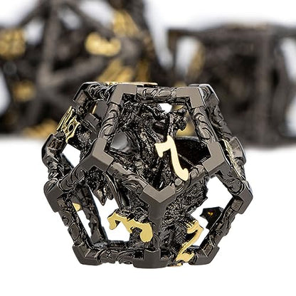ARUOHHA Hollow DND Dice Set Black Gold 5-Headed Dragons D and D Dice with Gift Box, RPG Role Playing Games 7PCS Metal Dungeons Polyhedral Dice Set D20 D12 D6 - color: Black Gold-02