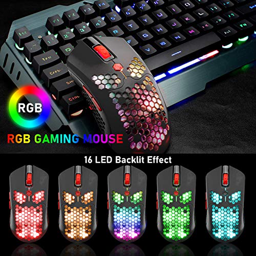 ZIYOU LANG Wired/Wireless Lightweight Gaming Mouse,16 RGB Backlit Mice with 7 Buttons Programmable Driver,PAW3325 12000DPI,Rechargeable 800mA Battery,Lightweight Honeycomb Shell Mouse for PC Gamer - color: Black Red