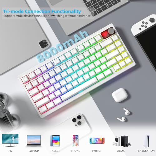 Womier 75% Wireless Mechanical Gaming Keyboard with Knob&Dot-Matrix Display | Bluetooth5.0/2.4GHz/USB C Thocky Creamy Keyboard for PC Computer, 8000mAh Battery Jelly key board for Win/Mac (MT75-White) - color: White