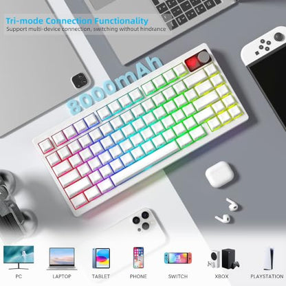 Womier 75% Wireless Mechanical Gaming Keyboard with Knob&Dot-Matrix Display | Bluetooth5.0/2.4GHz/USB C Thocky Creamy Keyboard for PC Computer, 8000mAh Battery Jelly key board for Win/Mac (MT75-White) - color: White