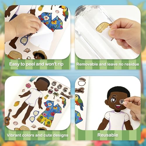 Summer Stickers for Kids, Make a Face Hawaiian Tiki Party Decorations, Water Bottle Stickers for Toddler Crafts, Tropical Luau Party Favors and Goodie Bag Stuffers (10 Sheets + 1 Scene Card) - style: Hawaii