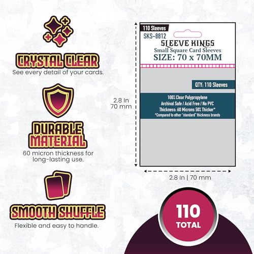 Sleeve Kings Standard Card Sleeves – 110 Count, Clear 60 Micron Thickness, Medium Square Size (70 x 70 mm), Compatible with Power Grid & More – SKU: SKS-8812 - size: 70 x 70 mm, style: Small Square