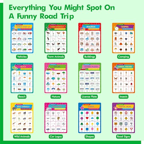 Road Trip Bingo Game, 30 Double-Sided Game Boards (Animal, Holiday, Building, Vehicle Themes ), Dry-Erase Scavenger Hunt Bingo Games for Road Trip, Car Travel, Outdoor Activities for Kid, Adult