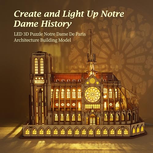 FUNPOLA LED 3D Wood Puzzle - Notre Dame de Paris Architecture Model-Night Edition with LED Lighting- DIY Building Model Craft Kit, Architecture Building Set