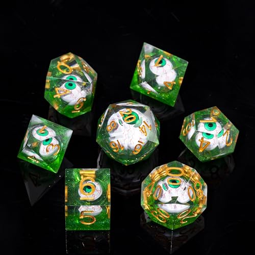 DND-Blood Eyes & Green,DND Dice Set Handmade 7 Accessories Sharp Edge Dice for Dungeons and Dragons TTRPG Games, Multi-Sided RPG Polyhedral Resin Sharp Edge Dice Roleplaying Games