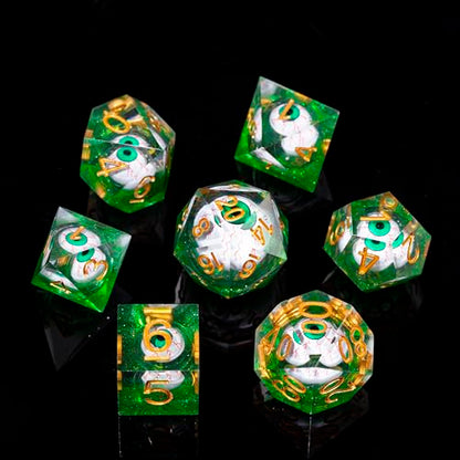 DND-Blood Eyes & Green,DND Dice Set Handmade 7 Accessories Sharp Edge Dice for Dungeons and Dragons TTRPG Games, Multi-Sided RPG Polyhedral Resin Sharp Edge Dice Roleplaying Games
