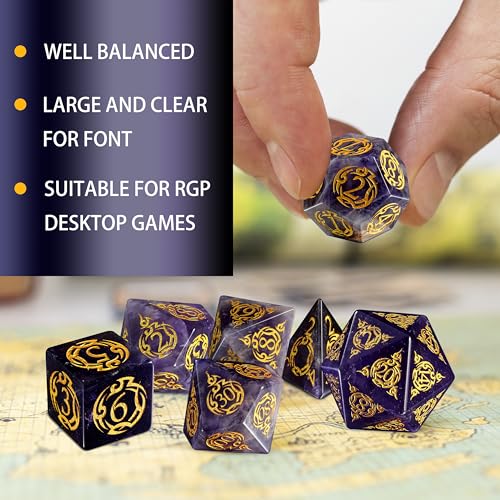 Amethyst Dice Dice Set, 7-Piece Handcrafted Polyhedral Dice with Gold Engraving, Ideal for D&D, RPG, MTG & Tabletop Games, Gift Box Included (Amethyst Totem) - color: Amethyst Totem