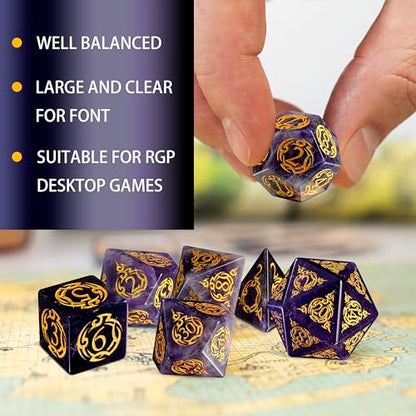 Amethyst Dice Dice Set, 7-Piece Handcrafted Polyhedral Dice with Gold Engraving, Ideal for D&D, RPG, MTG & Tabletop Games, Gift Box Included (Amethyst Totem) - color: Amethyst Totem