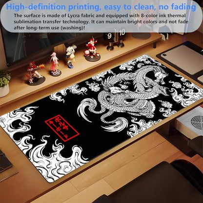 Japanese Dragon Desk Mat, Black White XXL Large Gaming Mouse Pad | Stunning high contrast ink dragon desk pad providing elite tracking accuracy, plush support, and anti-fray borders. - color: Dragon