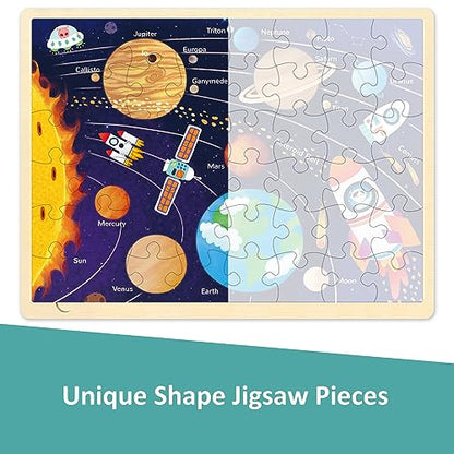 48 Piece Puzzles for Kids Ages 4-8, Solar System Wooden Jigsaw Puzzles for Toddlers 4 Year Old, Each Piece is Unique, Preschool Space Puzzle Ages 3-5 with Puzzle Tray - style: 48 Piece