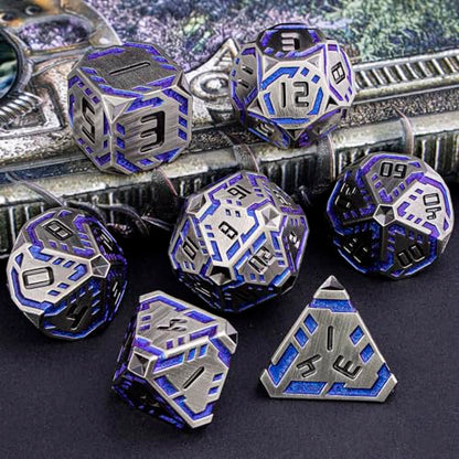 Metal DND Sci-fi Dice Set 7PCS Stripe Polyhedral Dice for Dungeons Dragons RPG Role Playing Game, Glitter D and D Dice with Gift Box D6 D8 D10 D12 D20 (Blue Purple&Grey) - color: Silver Gray - Blue