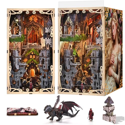 MiniCity Sleeping Beauty Book Nook Kit, DIY 3D Wooden Scene Puzzle with LED | 210-piece DIY book nook with LED and dust cover; glue/tools and guide included; 6-8 hr build for home decor, ages 14+. - style: Sleeping Beauty
