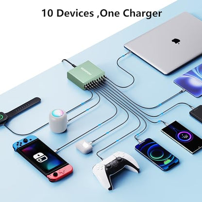 320W USB C Charger Block, 10-Port USB C Charging Station GaN III PD 65W PC Laptop Fast Charger Adapter for MacBook Pro/Air, DELL, iPad, iPhone, Samsung Galaxy (Green) - color: Green