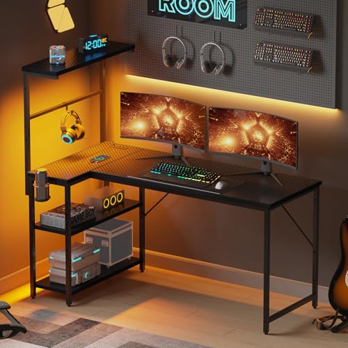 52" L-Shaped Gaming Desk with Power Outlets LED Lights, Black | Reversible Design, LED Lights, 4-Tier Storage Shelves, Headphone Hook, Foldable Cup Holder, Computer Desk, Home Office - color: Black, size: 52 Inch