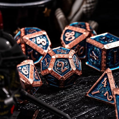 7-Piece Metal Dice Set - Mayan-Themed Zinc Alloy DND Dice for Tabletop Gaming, Gift, and Collecting - color: Mayan-themed-copper Blue
