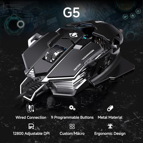 EWEADN G5 Wired Gaming Mouse with Adjustable Tail, 12800 DPI Programmable Computer Mouse with RGB Backlit, 9 Macro Buttons, Rapid Fire Key & Aluminum Base Ergonomic PC Mice for Laptop, PC-Black&White - color: Black