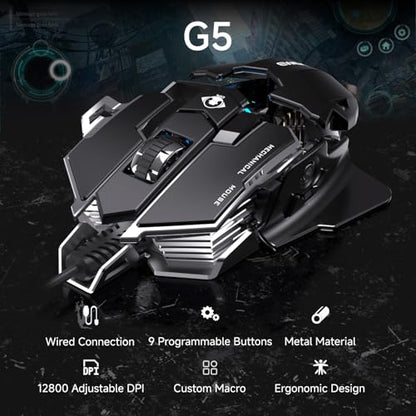 EWEADN G5 Wired Gaming Mouse with Adjustable Tail, 12800 DPI Programmable Computer Mouse with RGB Backlit, 9 Macro Buttons, Rapid Fire Key & Aluminum Base Ergonomic PC Mice for Laptop, PC-Black&White - color: Black