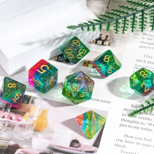 Glitter DND Dice Set Green Polyhedral Dice for D&D Tabletop Games | Leather Storage Bag, DM Gift, for Dungeons and Dragons Role Playing Games - color: Glitter-green&blue&pink