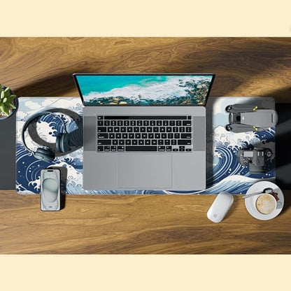 Mountain Gaming Mouse Pad,Japanese Blue and White Sea Wave Desk Mat,31.5""X15.7"" Large Desk Pad with Stitched Edge Non-Slip Base Keyboard Big Mouse Pad for Office Home Work Gaming, WDQ-D05 - color: Japanese Sea Wave