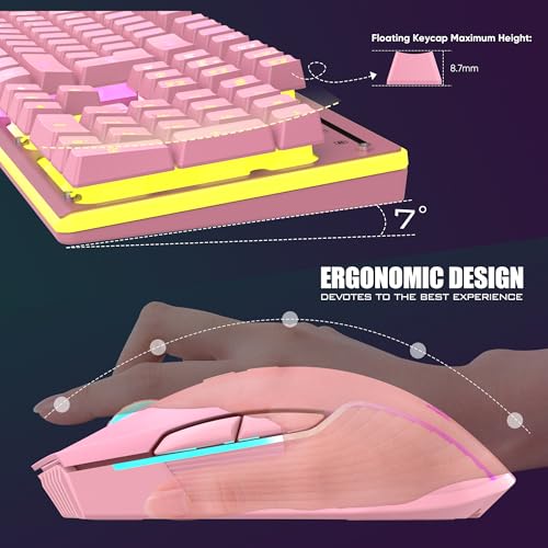 RedThunder K10 Wireless Gaming Keyboard and Mouse Combo, LED Backlit Rechargeable 3800mAh Battery, Mechanical Feel Anti-ghosting Keyboard + 7D 3200DPI Mice for PC Gamer (Pink) - color: Pink