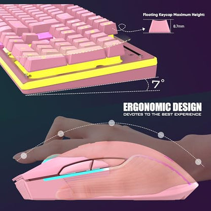 RedThunder K10 Wireless Gaming Keyboard and Mouse Combo, LED Backlit Rechargeable 3800mAh Battery, Mechanical Feel Anti-ghosting Keyboard + 7D 3200DPI Mice for PC Gamer (Pink) - color: Pink