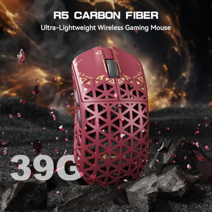 ATTACK SHARK R5Ultra 8K Carbon Fiber Wireless Gaming Mouse, Red | 42K DPI,PAW3950 MAX Sensor,39g Ultra-Lightweight,Nordic 52840 MCU Chip,Wired/BT/2.4GHz Wireless Programmable Mouse for PC/Mac - color: Red