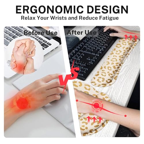 Arttown Keyboard Mouse Pad Set, 4 in 1 Desk Mat Set Leopard Gold | Cheetah Animal Print Large Mousepad+Keyboard Wrist Rest+Mouse Wrist Rest+Coaster Ergonomic Design for Home Office Computer - color: Gold Leopard
