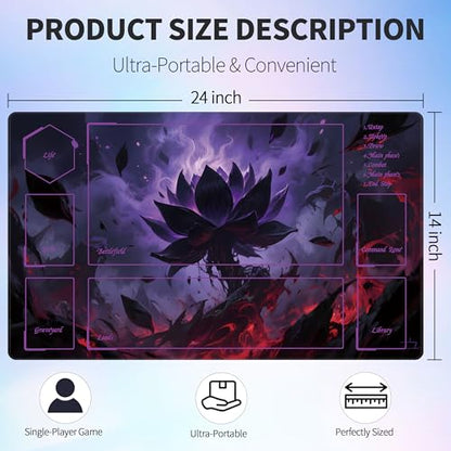 MTG Playmat with Storage Tube & 7-Dice Set - Waterproof TCG Playmat with Stitched Edges, Non-Slip Rubber Card Game Mat (24"x14") (playmat with Zones, Dark Flame Lotus) - color: Dark Flame Lotus, style: playmat with zones
