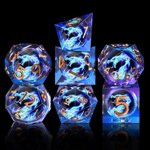 AUSTOR 7 Die DND Dice Set - Blue Flame Dragon Resin Dice (D20, D12, D10, D8, D6, D4) with Case - color: Blue Flame Dragon