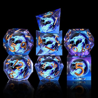 AUSTOR 7 Die DND Dice Set - Blue Flame Dragon Resin Dice (D20, D12, D10, D8, D6, D4) with Case - color: Blue Flame Dragon