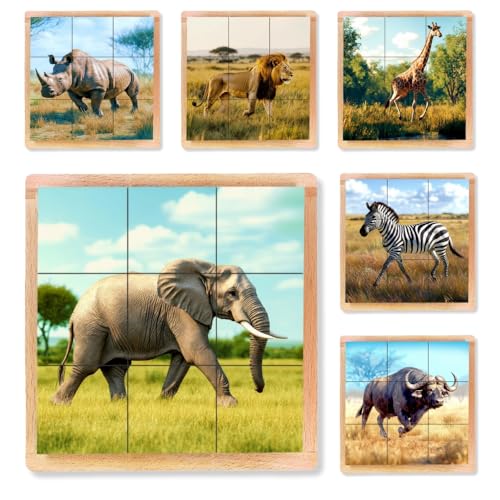 6-in-1 Wooden Animal Puzzle – Montessori Cube Toy for Kids – Realistic African Safari Animals Educational Wood Blocks for Toddlers Ages 3–6 - style: African Safari Animals