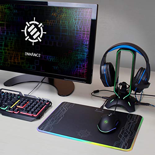 ENHANCE PC Gaming Headset Stand with Mouse Bungee - RGB Headphone Holder, 2 USB Ports, 7 LED Color Modes, Compatible with Desktops, Keyboards, Headphones